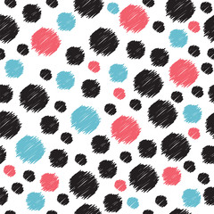 Seamless pattern with hand drawn red, blue and black circles. Se