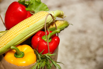 Fresh vegetables at shopping bags grocery market