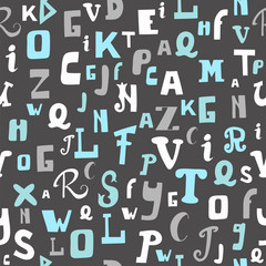 Seamless pattern with letters on grey background. Hand drawn alp