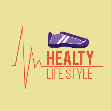 healthy lifestyle and tennis shoes over yellow color background