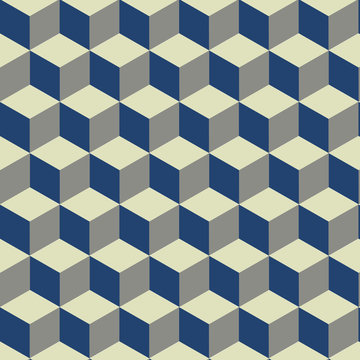 3D Cube on blue, yellow and cream pattern