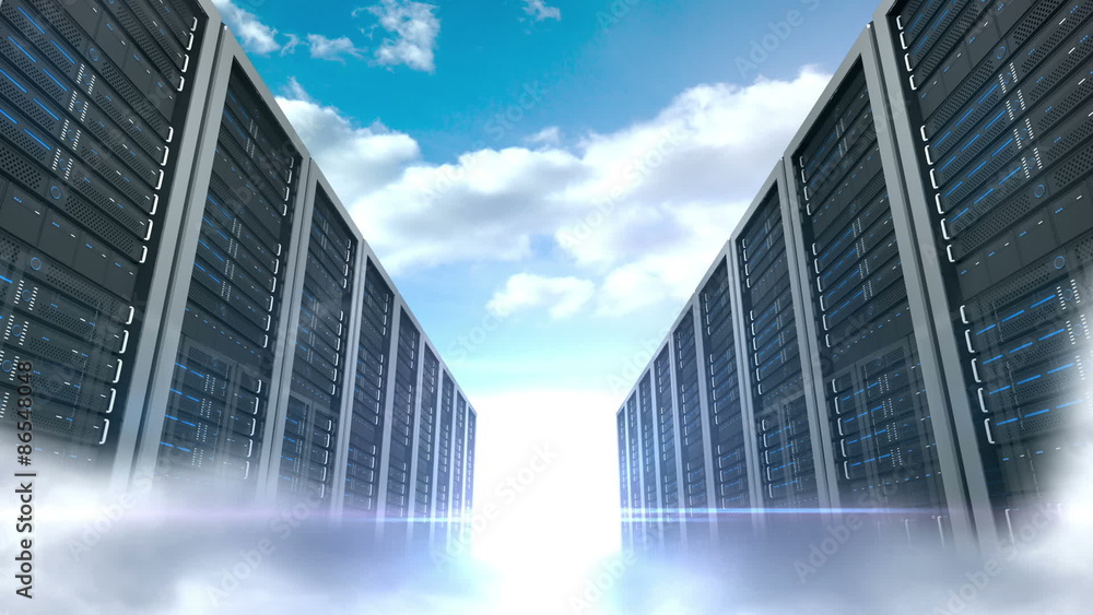 Poster server tower on cloudy sky background