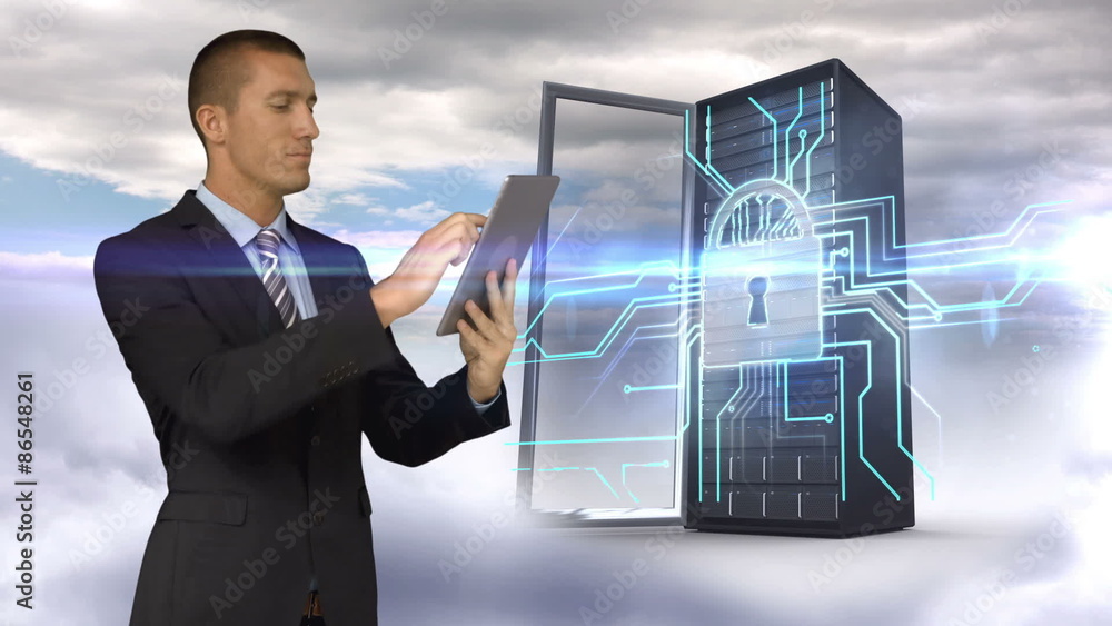 Poster businessman using tablet in front of server tower