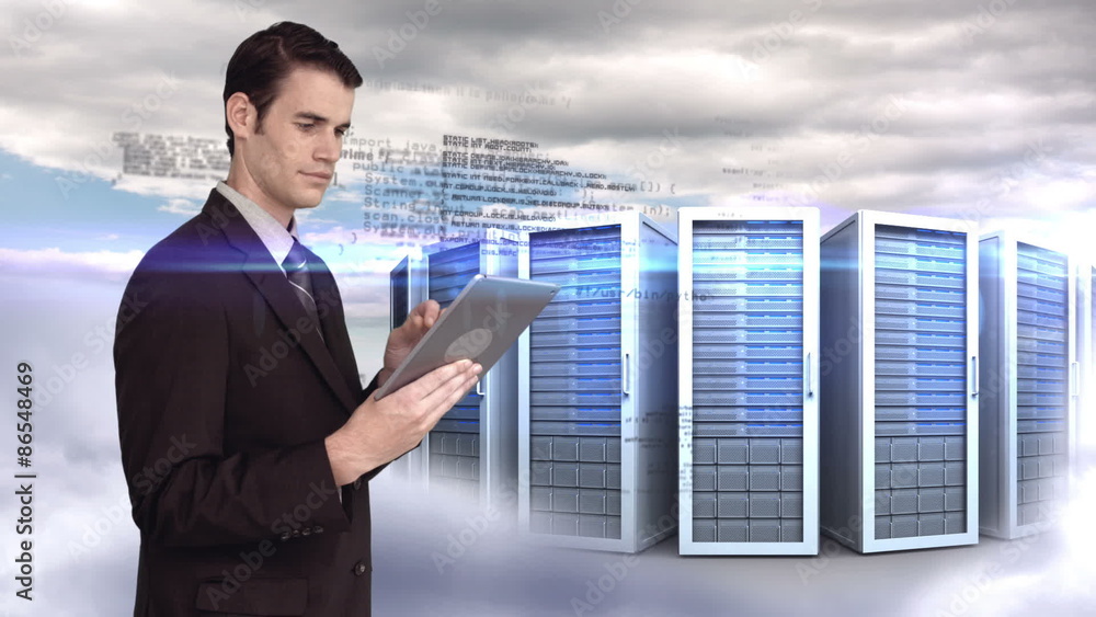 Poster businessman using tablet in front of server towers