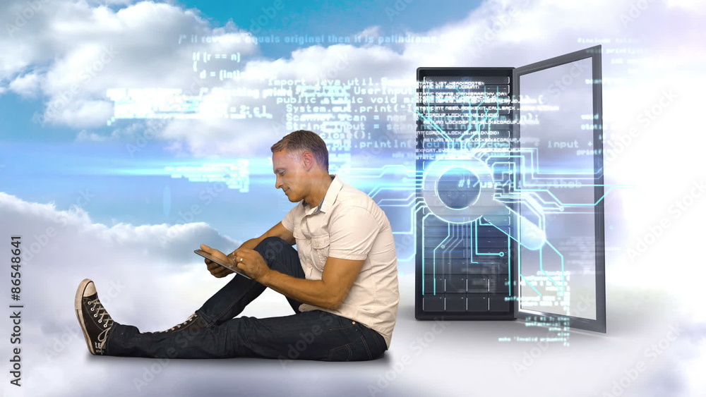 Poster Casual man using his smartphone in front of server tower 