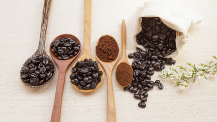Coffee beans set on canvas background