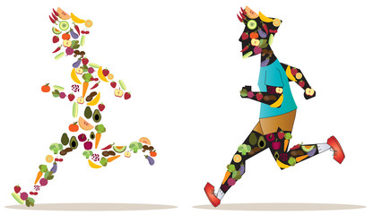 Obraz na płótnie Canvas Fruit and vegetable icon in sportsman human shape running healthy vector