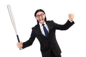 Young elegant man in black suit holding bat isolated on white