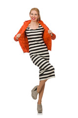 Young woman in long striped dress isolated on white