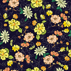 Vector Dark Background Kimono Gold Flowers Seamless Pattern