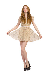 Pretty red hair girl in summer dress isolated on white