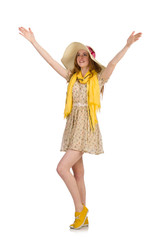 Fototapeta premium Pretty red hair girl in summer dress isolated on white