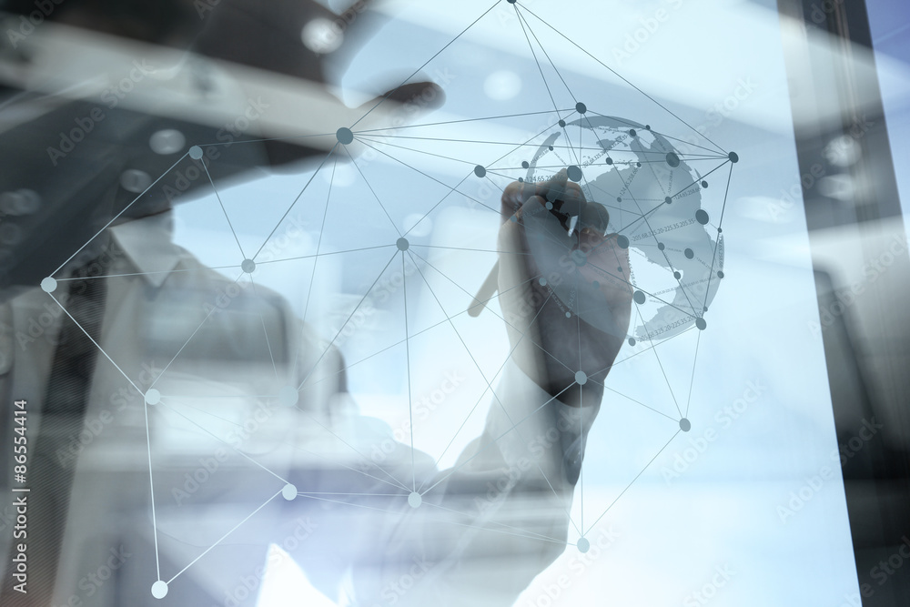 Poster double exposure of businessman working with new modern computer