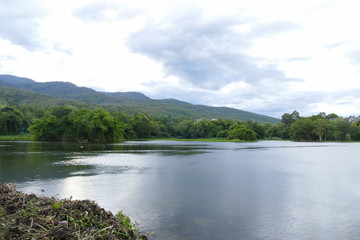 scenic of the mountain and the pond