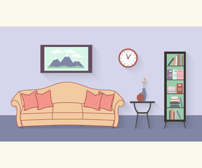 Living room with furniture and long shadows. Flat style vector 