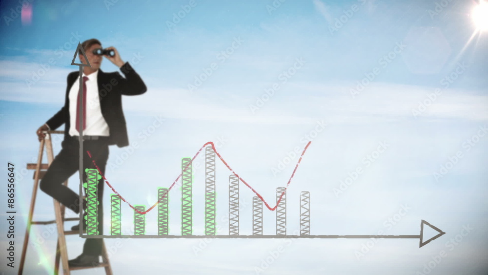 Poster businessman looking at date graph with binoculars