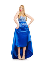 Woman in pretty blue evening dress isolated on white