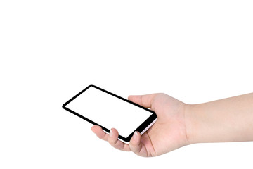 blank screen mobile phone in hand on isolate background