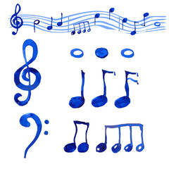 Watercolor blue  musical notes set.