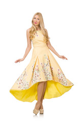 Blond girl in charming dress with flower prints isolated on whit