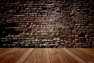 Conceptual old vintage brick wall and wood floor