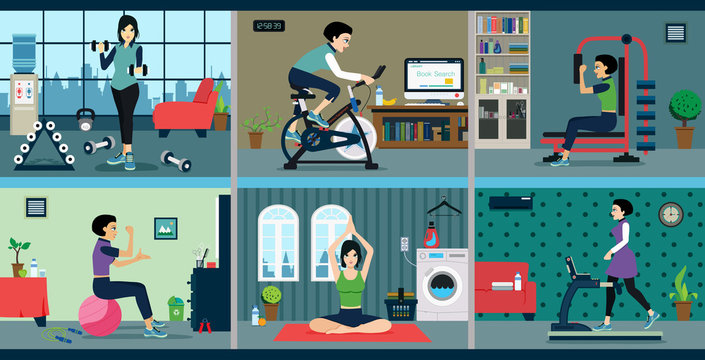 Woman exercise with exercise machines at home.