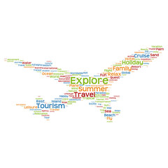 Conceptual lifestyle travel or tourism plane word claud