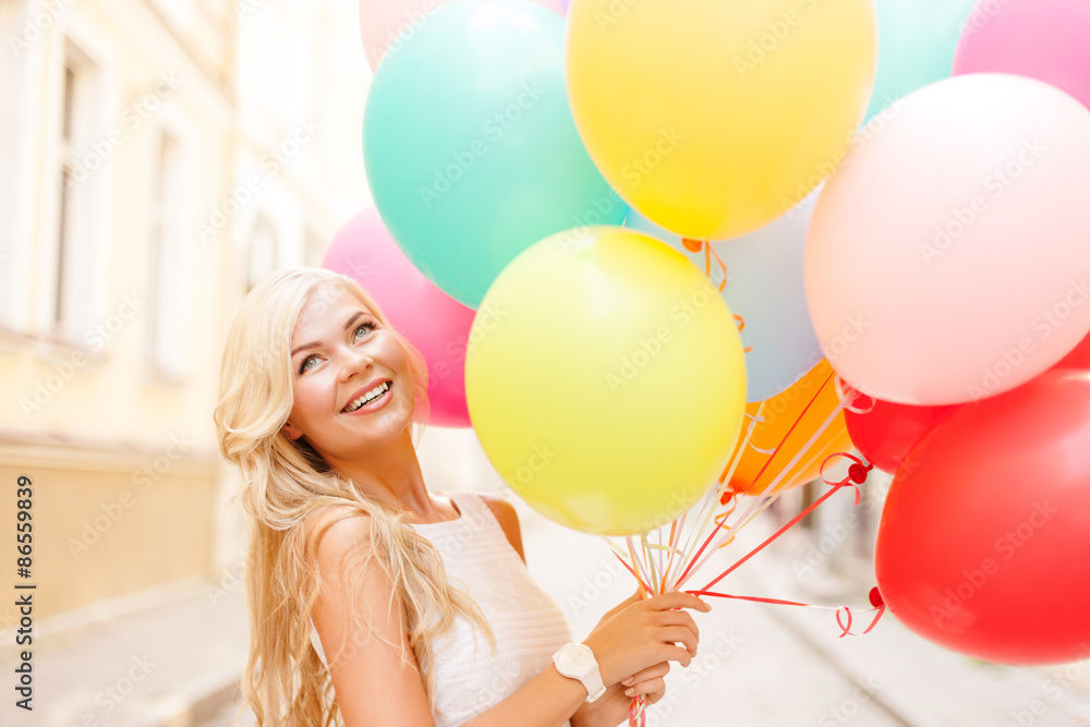 Poster smiling woman with colorful balloons