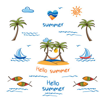 Hello summer. Symbol of summer. Palm trees, sun, sea, fish and heart for your design. Doodles, sketch. Hand drawn elements for your design. Vector illustration.