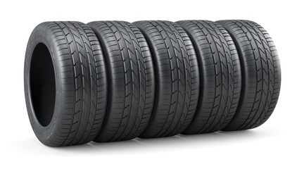 Unused car tires row isolated