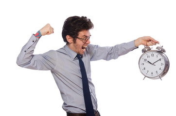 Young businessman with clock isolated on white