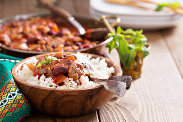 Vegan bean chili served on rice