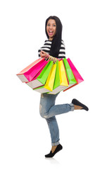 Woman with shopping bags isolated on white