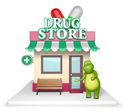 3d cartoon animal with a drug store. 3d image. Isolated white background.