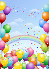 風船 背景 虹 / 祭り、お祝い、イベント向け背景素材  Festival background with colorful balloons, rainbows and scattered confetti. Celebration.