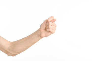 Hand gestures theme: the human hand shows gestures isolated on white background in studio