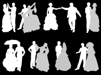 eight wedding couples isolated on black