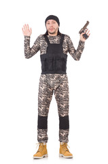Young man in military uniform holding gun isolated on white