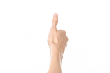 Gestures topic: human hand gestures showing first-person view isolated on white background in studio - 86567015