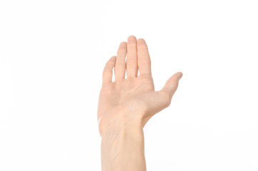 Obraz premium Gestures topic: human hand gestures showing first-person view isolated on white background in studio