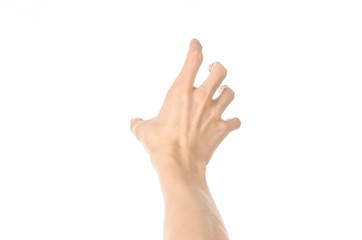 Gestures topic: human hand gestures showing first-person view isolated on white background in studio - obrazy, fototapety, plakaty