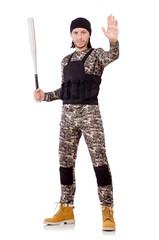 Young man in military uniform holding bat isolated on white