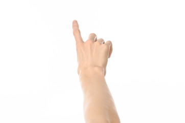 Gestures topic: human hand gestures showing first-person view isolated on white background in studio