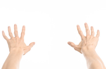 Gestures topic: human hand gestures showing first-person view isolated on white background in studio