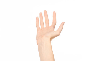 Fototapeta premium Gestures topic: human hand gestures showing first-person view isolated on white background in studio