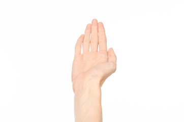 Obraz premium Gestures topic: human hand gestures showing first-person view isolated on white background in studio