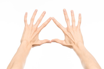 Gestures topic: human hand gestures showing first-person view isolated on white background in studio