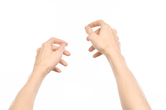 Gestures topic: human hand gestures showing first-person view isolated on white background in studio