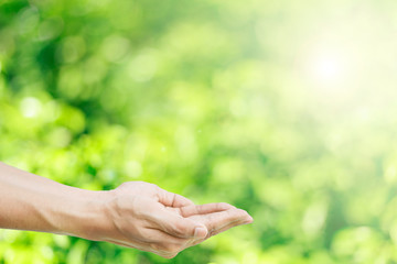 Hands over  abstract green blurred bokeh background