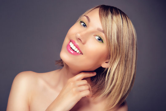 Portrait of Beautiful Blonde Woman with Blonde Hair and a Diamond Ring. Close Up